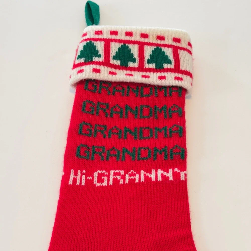 Vintage 1983 Kurt S Adler Grandma Hi-Granny Knit Christmas Stocking‎ Red Green
